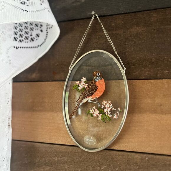 Vintage Bird Lyford Robin Sun Catcher Beveled Glass Window Hanging Floral Design - Picture 7 of 8